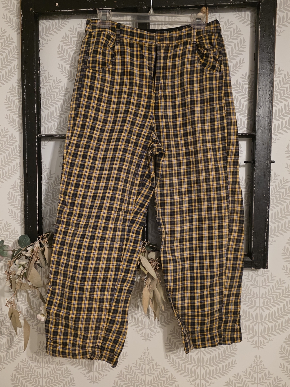 Free People Yellow and Black Plaid Jogger Pants